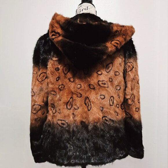 New Real Mink Fur Coat Jacket Blazer Copper Brown Hooded Animal Printed Circle - Picture 5 of 7